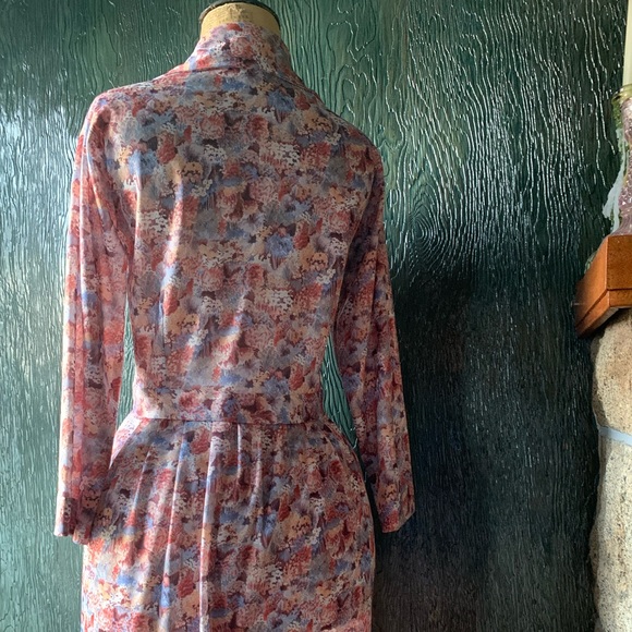 Handmade Vintage 1970 knee length poly secretary dress with collar browns & blue - Picture 5 of 12